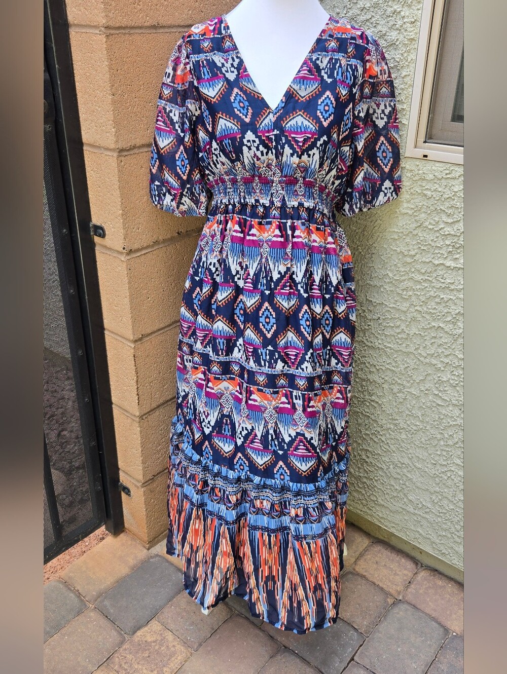 Old Navy Boho V-Neck Smocked Waist Maxi Dress - Navy Multicolor